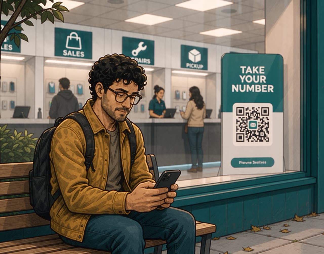 Illustrated phone shop interior