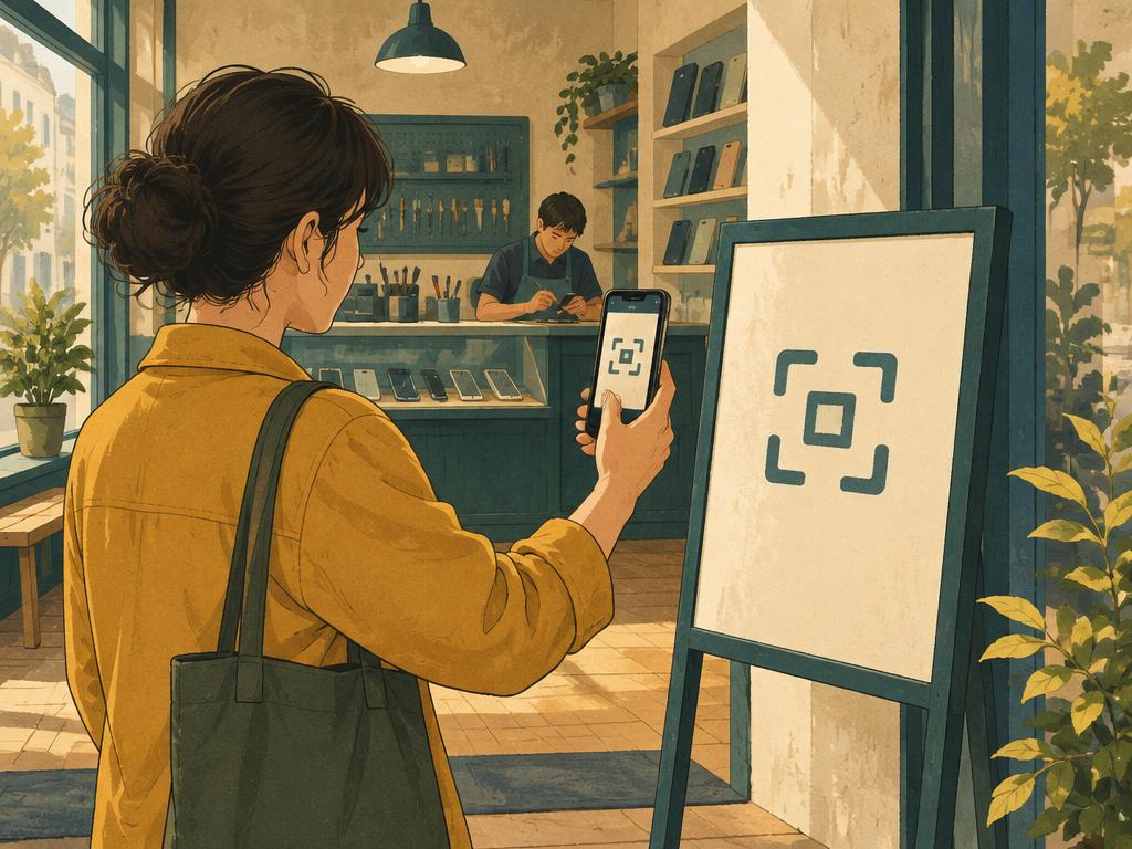 Customer scanning a poster at the phone shop entrance